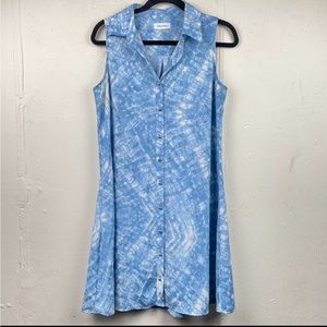 Calvin Klein Blue Tie Dye Button Front Sleeveless Shirt Dress 6